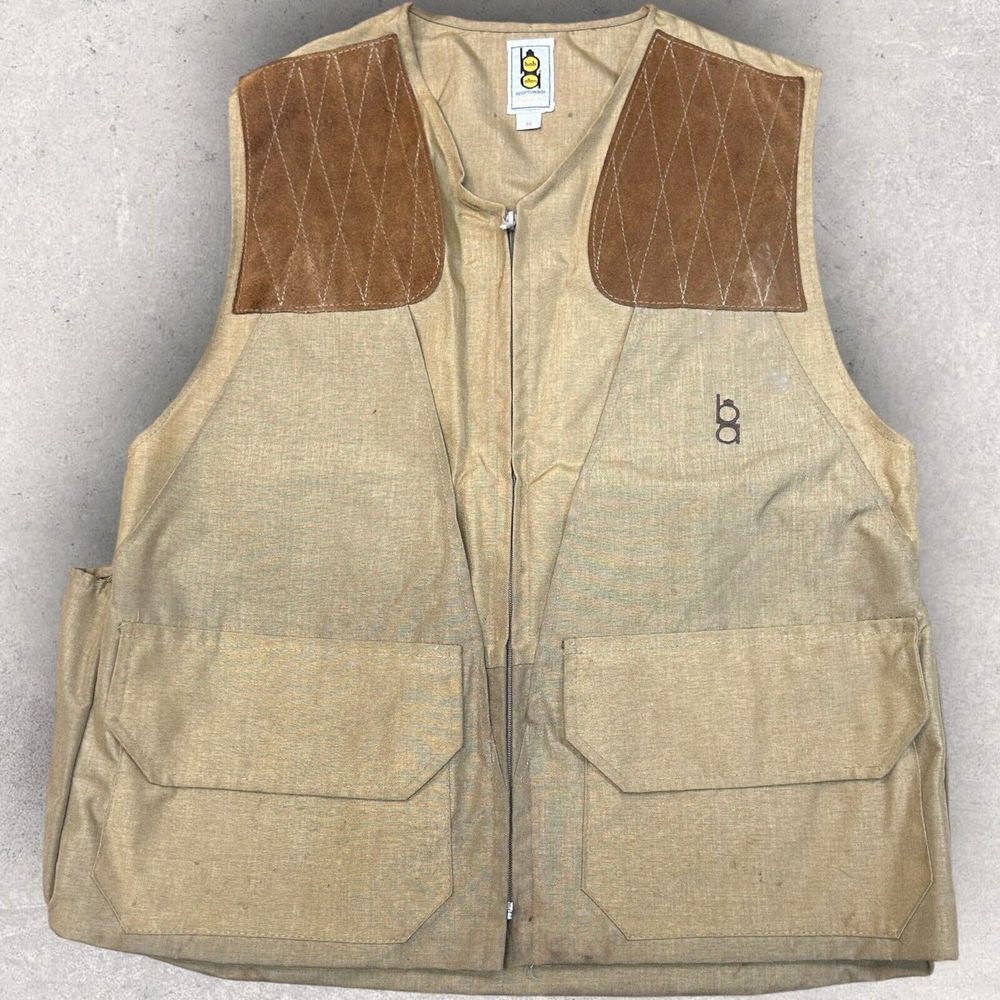 Vintage Bob Allen Vest Hunting Shooting Sportswear Leather Shoulders Tan Men's M